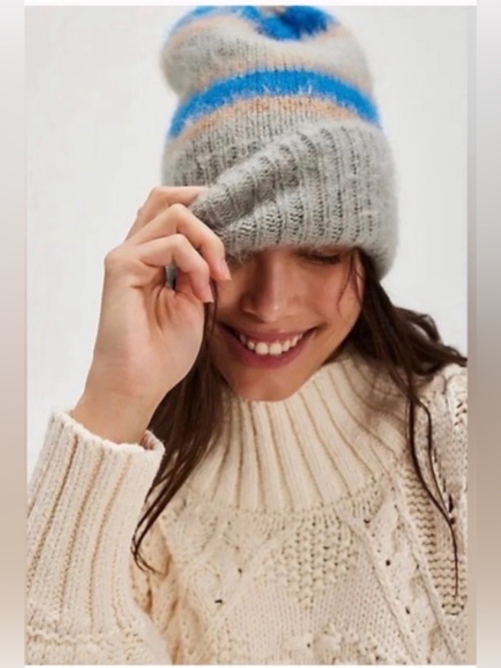 Free People Ribbed Knit Beanie in Gray, Blue & Cream
